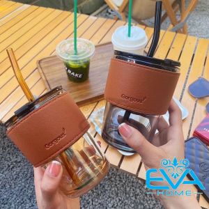 Ly Thuỷ Tinh Màu Gorgous Bọc Da Cách Nhiệt 450Ml Kèm Nắp Kín Hơi Và Ống Hút Thuỷ Tinh Cao Cấp SP4807