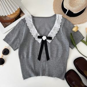 Ribbon Pin V-Neck lace Lapel Knitted Tops Short Sleeve Buttons Down French Style High Quality Casual Blouse Tops