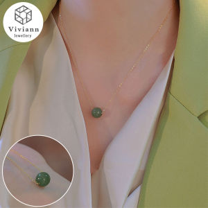 Viviann Original Qinghai Hetian Green Jade Necklace Collarbone Chain Ins Light Luxury Chalcedony Round Agate Pendant Necklace Charm Jewelry Fashion Amulet for Women Gift