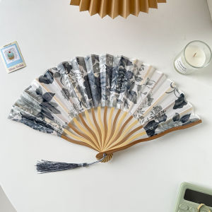 Portable Vintage Chinese Ink Wash Folding Fan Hand Held Silk Bamboo Fans With Tassel Dance Accessory