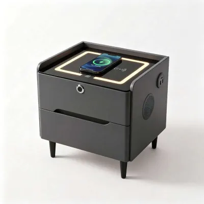 GH GLOWHOME（in stock）Smart Solid Wood Nightstand with Fingerprint Lock & Bluetooth Speaker – Wireless Charging Bedside Table USB & Type-C Ports Modern Minimalist Storage Cabinet with Premium Oak Finish for Bedroom