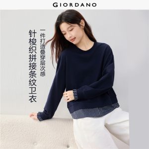 Giordano Beau Monde Women Striped trim crewneck sweatshirt Free Shipping 13326654