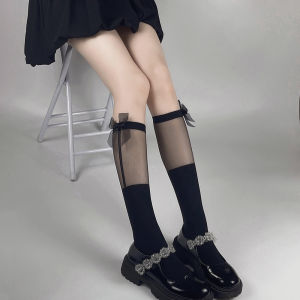 🔥Nadines🔥ถุงเท้าใสของผู้หญิง ตกแต่งโบว์ ลูกไม้ JK Lolita ถุงเท้าน่องสีขาวบางเฉียบ