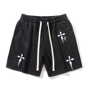 Hot Sale ！2026 Summer trendy brand embroidered cross distressed casual shorts for men and women loose fit sporty style