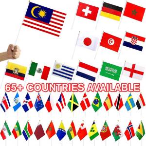 65 Countries Hand Held Flags 14x21cm Small National Flags with Poles World Cup Sports Events Classroom International Day United Nations Day Procession Decor