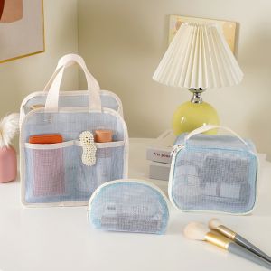 XAVINU 3Pcs/set Transparent Mesh Cosmetic Bag Large Capacity Zipper Travel Storage Bag Simple Handheld Transparent Makeup Pouch Travel Organizer Bag