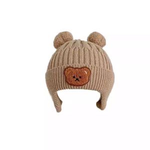 Cute Little Bear Fur Ball Baby Hat Winter Ear Protection Warm Elastic Childrens Knitted Hat