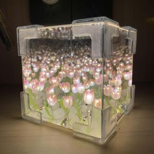 DIY 30 PCS Flower Tulip lamp Led Mirror Light Rubiks Cube Night Light For Girlfriend DIY Tulip Mirror Cube Simulation Bedroom Sleeping Table Lamp Handmade Craft Tulips Mirror Night Light Birthday Gift