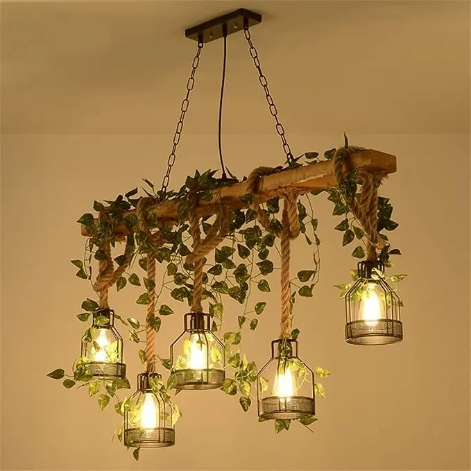 Rustic Wood Hanging Lamp Rope Light Ceiling Pendant Light