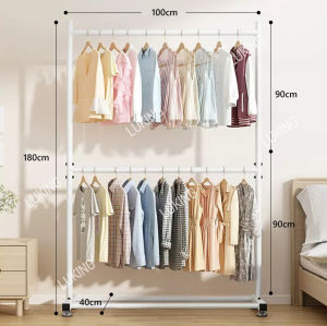 Luking Metal Double Clothes Drying Rack Multifunctional Floor Mounted Clothing Hanging Rack Strong Steel Laundry Rack Cloth Hanger Floor-standing Organizers Drying Rack Bottom Storage Rack for Bedroom
