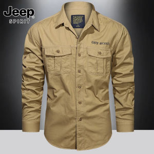 Jeep Tinh Thần Thời Trang Mùa Thu quần áo mùa xuân màu xanh lá đen Hàng Hóa thương hiệu quân đội Áo Sơ Mi Cho Mens Dài Tay Áo Giản Dị Áo Quá Kheo 5XL