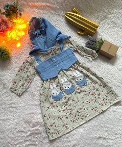 Setelan Baju Anak Perempuan Motif Kartun dengan Sarung Tangan Denim - Bahan Poliester Nyaman untuk Usia 1 Tahun Ke Atas