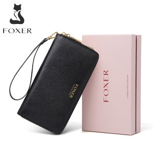 FOXER Women Genuine Leather Long Wallet Lady Clutch with Wristlet Strap Credit Card Holder Cellphone Mobile Phone Bag