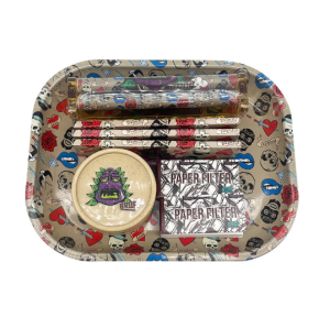 Bros 5-in-1 Premium Rolling Metal Tray Kit with Roller Origami Papers Filters Grinder