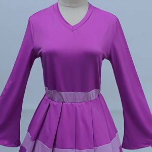 New Women Purple Pleated Dress V Collared Waist Cinching Plus Size Mid-Length Medieval Womens Dress