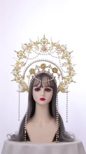 FCWomens Halo Crown Mary Goddess Headband Goddess Headwear Fake Pearl Chain For Evening Photo Hair Hoop
