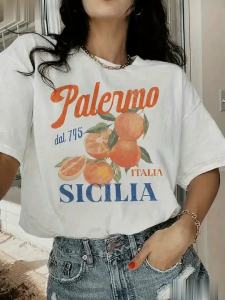 Womens Casual Short Sleeve T Shirt with Vibrant Orange Citrus Fruit Print and Palermo 757 Italy Sicilia Text Medium Stretch Round Neck Summer Top Machine Washable Regular Fit