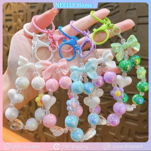 1PC Exquisite Bow Beaded Phone Case Pendant Rose Pink Cute Crystal Keychain Lanyard Wrist Strap Flower Design Korean Diy Accessories