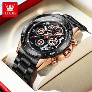 OLEVS Watch for Men Stainless Waterproof Original Chronograph Quartz Multifunctional Calendar Black White