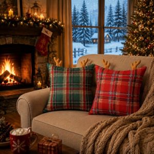 FOUNDTWO Plaid Christmas Pillow Cover Antlers Festive Throw Pillow Cover Machine Washable Christmas-themed Sofa Pillowcase Christmas