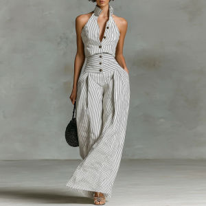 Office Lady Elegant Button Down Jumpsuit Spring Striped Print High Waist Woman Romper Elegant Sleeveless Wide Leg Pants Overalls2026
