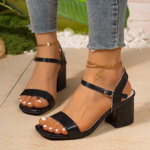 [Free Shipping] Womens Summer Sandals 2026 New Versatile Mid-Heel Chunky Heel Roman Sandals with Buckle Strap Plus Size Womens Shoes