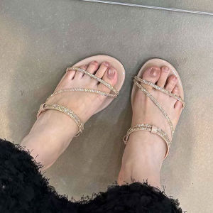 [Free Shipping] Thick-soled wedge sandals for women fashionable for summer 2026 new style with rhinestones and toe loops high-heeled sandals