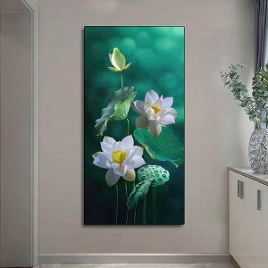 Tranh treo tường tráng gương hoa sen trắng trang trí phòng khách phòng thờ kèm đinh treo