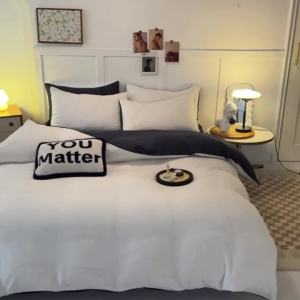 ins Cream Double Stitch Wrinkled Soft Four-Piece Bedding Set Duvet Cover Student Three-Piece Set 1.8 Bed Sheet and Duvet Cover LZD