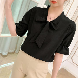 {Shipped From Manila+COD} (S-3XL) Women’s Bow - Tie Neck Puff Sleeve Blouse – Black & White Elegant Fit for OL Office Casual Party & Daily Wear | Trendy Work Attire Shirt Tops