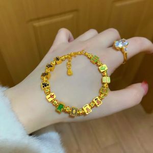 TKNUS ตัวอักษรจีน สร้อยข้อมือลูกปัดหมากรุก จิวเวลรี่มือ เสน่ห์ DIY กำไลสไตล์โบฮีเมียน ทันสมัย โลหะผสม สร้อยข้อมือไพ่นกกระจอกสีทอง ของขวัญสำหรับเด็กผู้หญิง