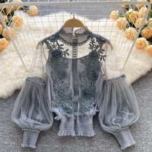 YESMILE 2Pcs/Set Lace Puff Long Sleeve Blouse 3D Flower Vintage Women Shirts Clothing Summer Casual Cropped Top Women