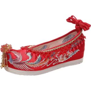 ZEEMIN Womens Red Embroidered Wedding Shoes Spring Autumn New Increased Internal Shallow Ankle Strap String Bead Tassel Hanfu Shoes
