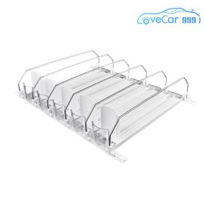 Drink Organizer Dispenser Spring Push Beverage Pusher Shelf Adjustable Width Soda Can Bottle Pusher E-shaped Glide for Kitchen Fridge