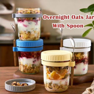 Overnight Oats Jars with Spoon Milk Salad Food Storage Glass Jars Portable Cereal Breakfast Cups Airtight Oatmeal Cup
