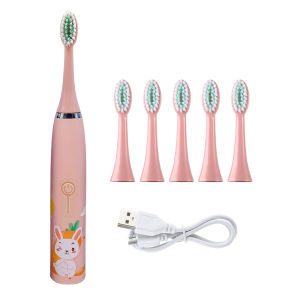 228Hailicare Childrens Electric Ultrasonic Toothbrush Soft Bristled Cartoon Toothbrush 4 Mode IPX6 Waterproof Cleaning Teeth Prevention Tooth Decay Teeth Cleaner for Children USB Charging With 6 Brush Head