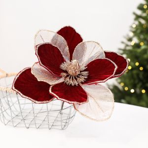 DENIFFY Velvet Texture Artificial Christmas Flower Three-Layer Sparkling Faux Magnolia Flower Holiday Decor DIY Craft Simulation Glitter Flower Christmas Tree