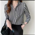 Kemeja Wanita Garis Hitam Putih Lengan Panjang Ganjar Pranowo Korean Style Kekinian Baju Motif Salur Black White Import Casual Pakaian Wanita  Blouse Stripe Oversize Jumbo Big Size Korea Style Terbaru Murah Katun Rayon Shakila Premium Hem Cewek Basic. 