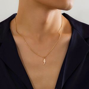 Punk Metal Geometry Lightning Pendant Necklace for Men Simple Silver Color Box Chain Choker Necklace Hip Hop