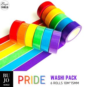 BujoWorld PRIDE 6 Rolls 10m Washi Tape Pack Japanese Masking Tape Red/Orange/Yellow/Green/Blue/Purple - Journaling Bullet Journal Scrapbooking DIY Colourful Tapes Decoration Gift Wrapping
