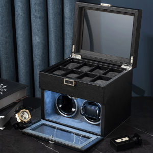 Luxury 2 Slots Automatic Watch Winder Auto Rotation 8 Extra Storage with Blue LED Light
