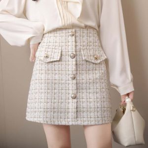COD high-waisted gold silk tweed a-shaped skirt fashion womens clothing high-end light luxury plaid skirt single-breasted skirt 29882026 new product
