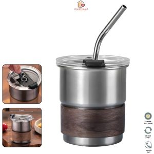 Cốc uống nước cà phê inox 304 dung tích 300ml Kèm nắp đậy chông tràn Ống hút inox cách nhiệt bằng thanh tre
