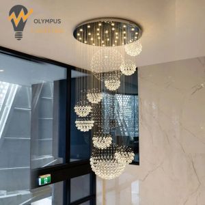 Duplex large chandelier crystal lamp living room loft mezzanine open-air staircase chandelier stairwell spherical villa long chandelier