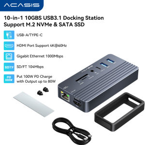 ACASIS 10-in-1 USB-C Docking Station with M.2 SSD Enclosure - 10Gbps Hub 4K@60Hz HDMI 100W Fast Charging SD/TF/LAN/Audio | Compatible iPad/Android/PC/M a c (CM073) |