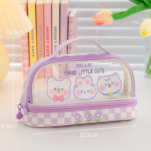 Kawaii Cute Double Layer Large Capacity Pencil Case Girls PU Leather Waterproof Stationery Bag