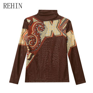 Rehin phong cách Châu Âu cao cổ lưới in hoa tay áo dài T-shirt-2024 Mùa Thu/Mùa Đông Bộ sưu tập phụ nữ hàng đầu