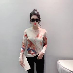 Ammin 2024 mùa xuân mùa hè mới Vòng cổ đơn giản thời trang con số in Dài Tay Ghép vải T-Shirt người phụ nữ phong cách Hàn Quốc Halo in cỡ lớn đơn giản Ống tay phồng áo thanh lịch