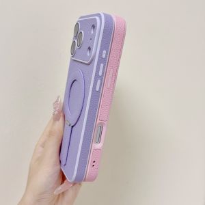 PU Leather Texture Magnetic Kickstand Case For iPhone 17 16 15 14 Plus 13 Pro Max Large Window For Magsafe Bumper Matte Cover