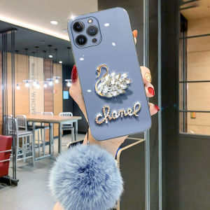 Luxury Glitter Diamond Swan Hairball Plating Phone Case HP Soft TPU Back Cover For OPPO A16 A16K A16e A17 A17K A3S A36 A76 A96 A5 2020 A9 2020 A53 A33 A32 A54 4G A57 4G 2022 A57 5G 2022 A58 4G A58 5G A78 4G A78 5G A7 A5S A12 A77 4G A77S